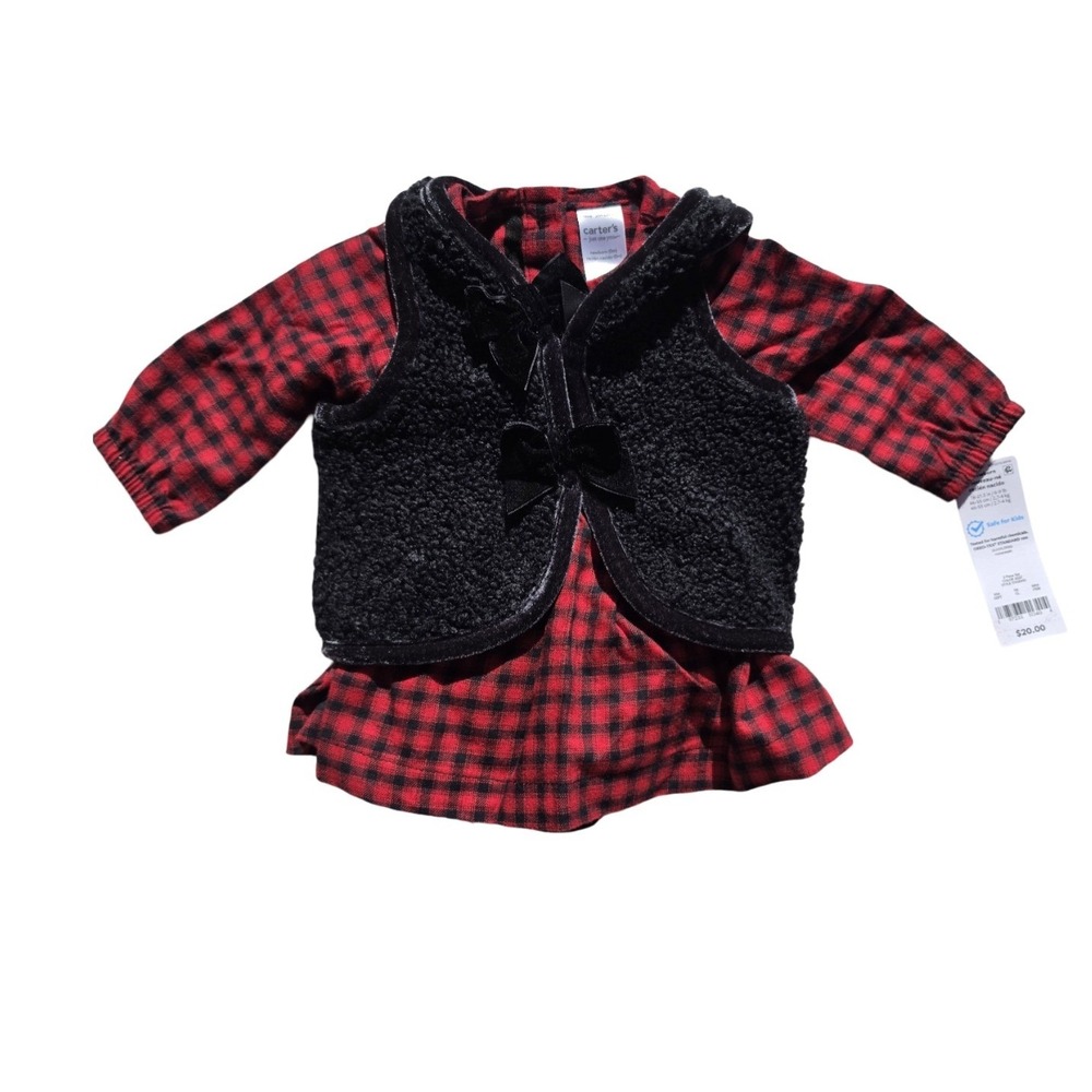 Carters Just One You Red Buffalo Plaid Dress Sherpa Vest Set Newborn